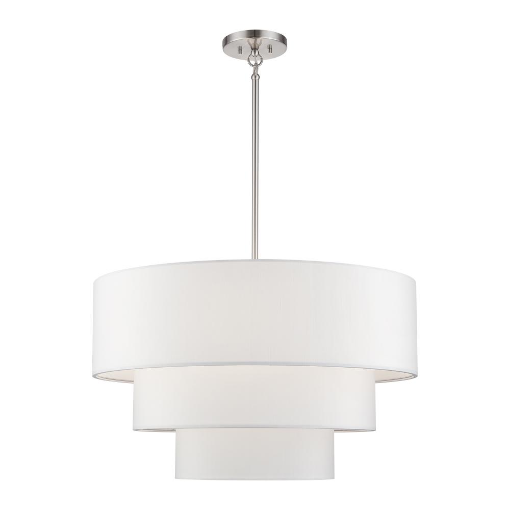 5 Light Brushed Nickel Medium Pendant Chandelier with Hand Crafted Off-White Fabric Hardback Shades