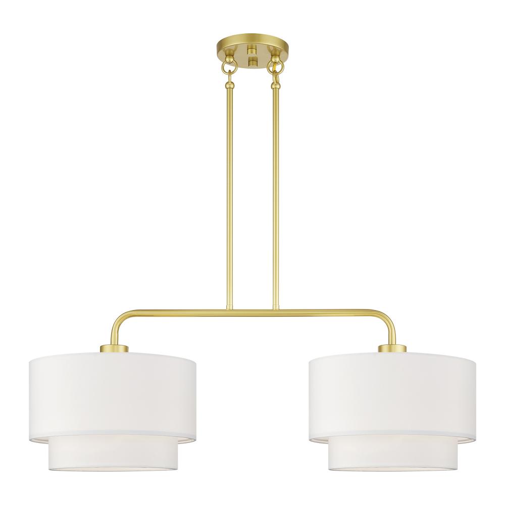 2 Light Soft Gold Large Linear Chandelier with Hand Crafted Off-White Color Fabric Hardback Shades