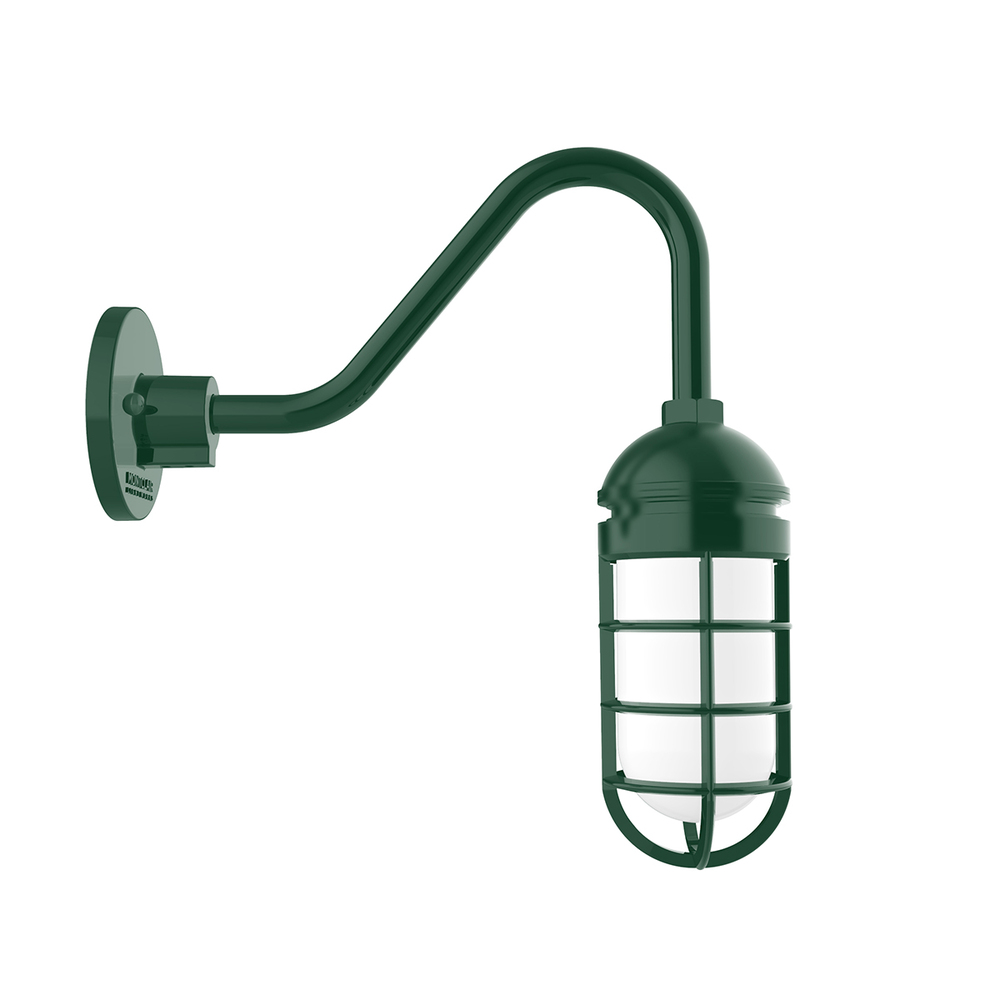 Vaportite, no shade, gooseneck wall mount with clear glass and cast guard, Forest Green