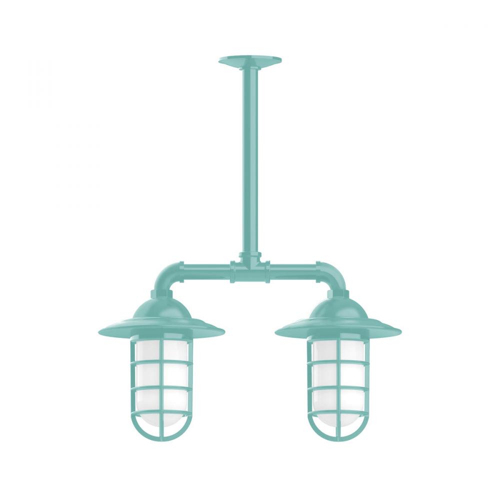 Vaportite, Style A shade, 2-light stem hung pendant with clear glass and cast guard, Sea Green