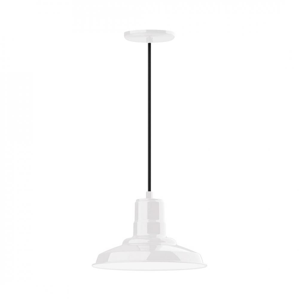 12" Warehouse shade, LED Pendant with black and white houndstooth fabric cord and canopy, White