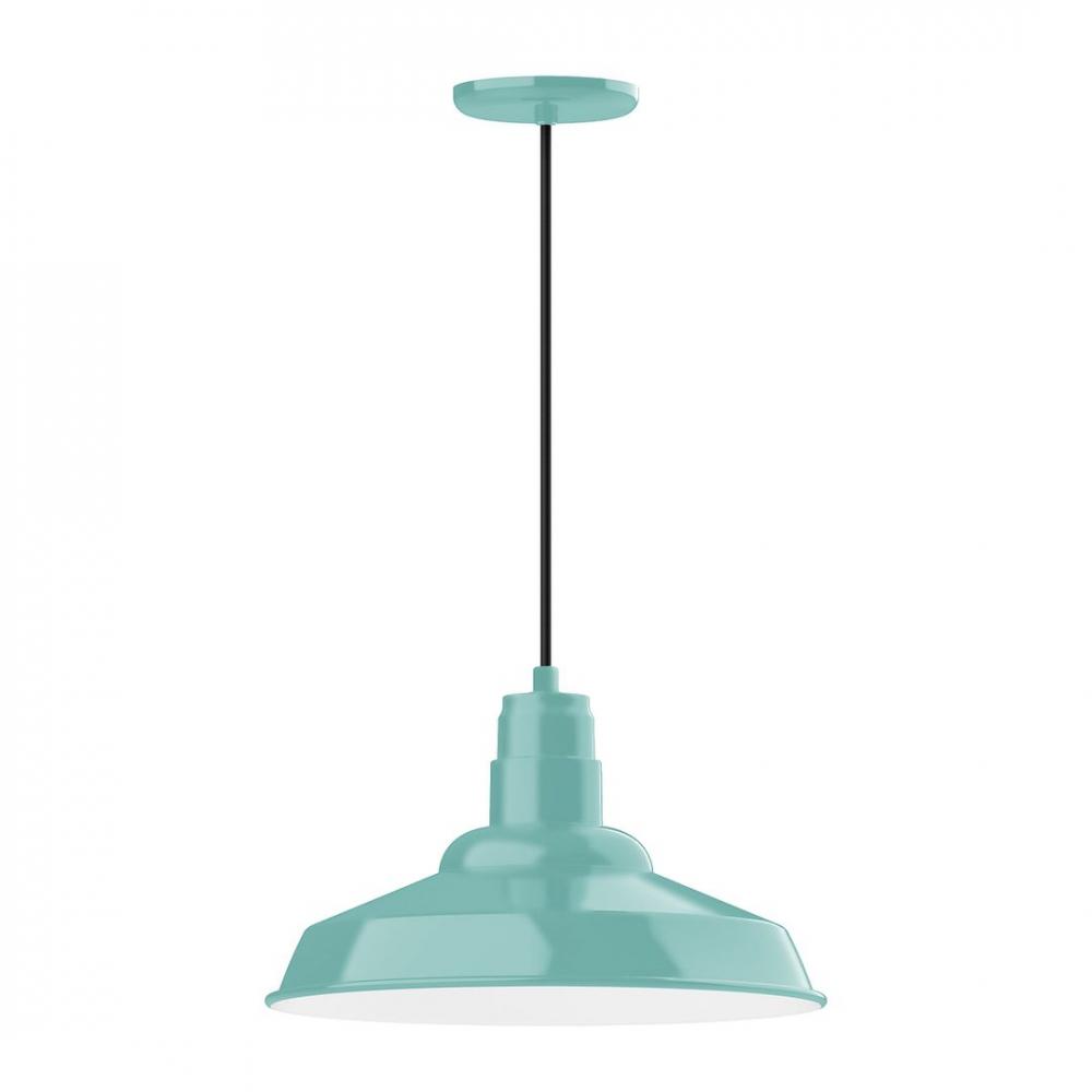 16" Warehouse shade, LED Pendant with black cord and canopy, wire grill, Sea Green