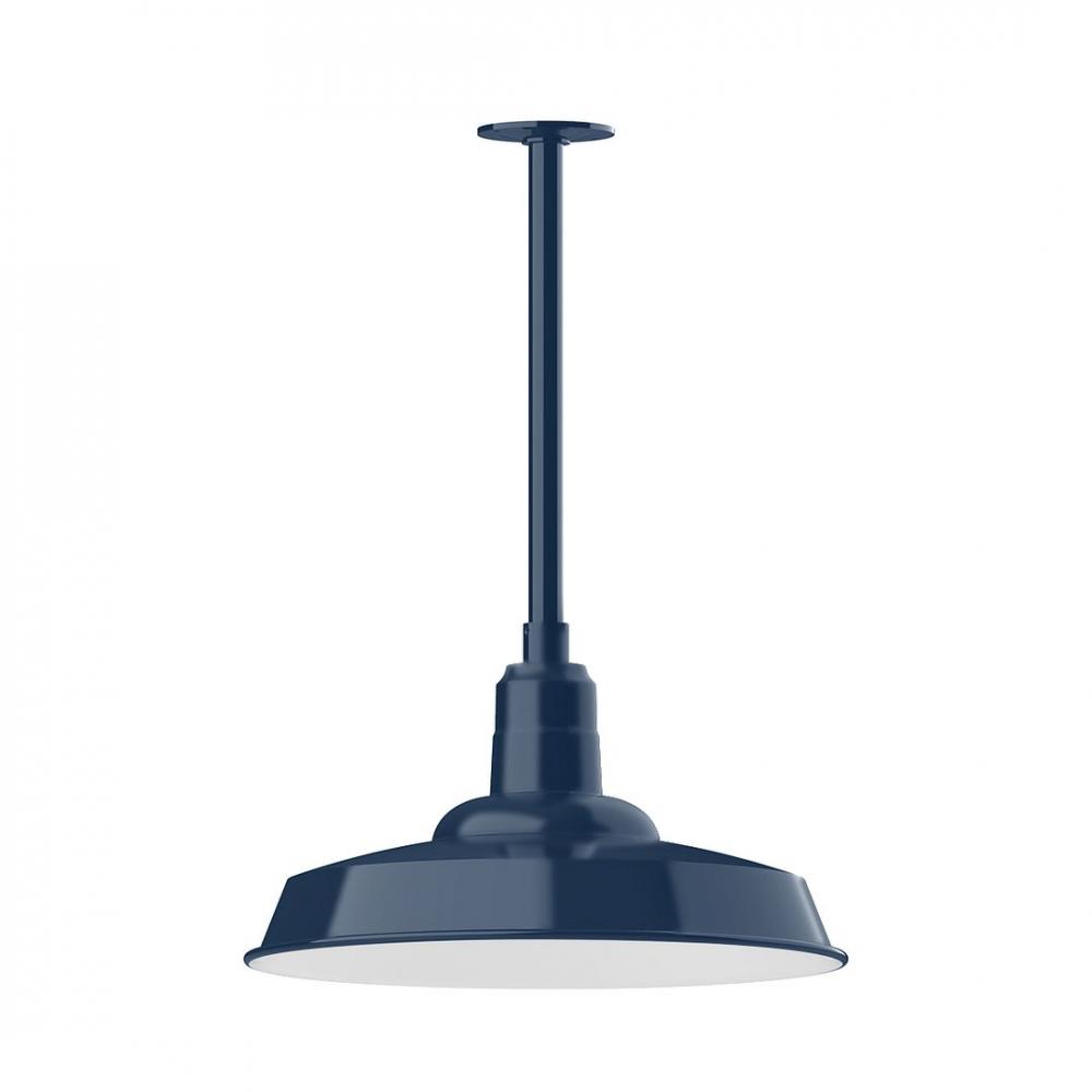 18" Warehouse shade, stem mount LED Pendant with wire grill, Navy