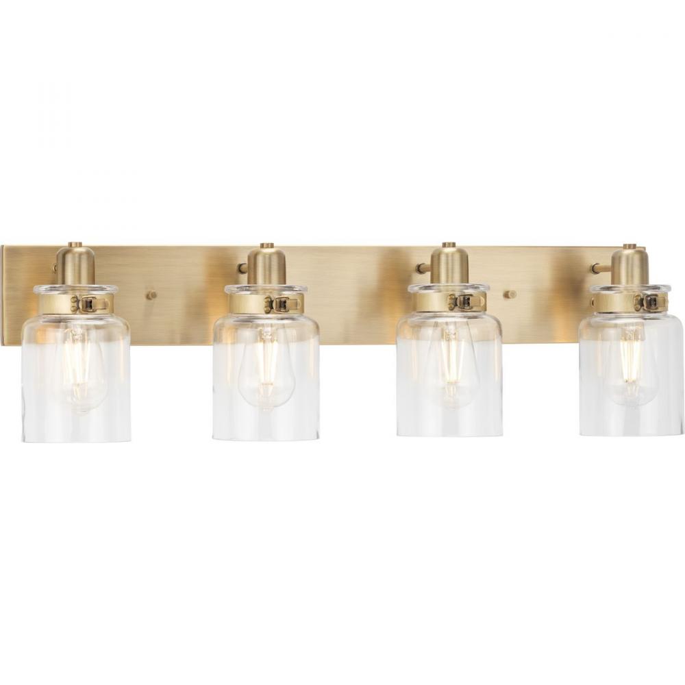 Calhoun Collection Four-Light Vintage Brass Clear Glass Farmhouse Bath Vanity Light