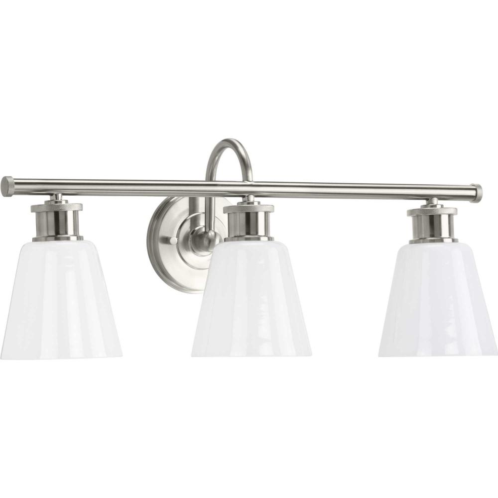 Ashford Collection Three-Light Brushed Nickel and Opal Glass Farmhouse Style Bath Vanity Wall Light