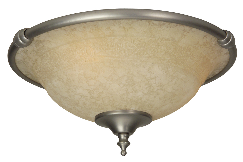 2 Light Bowl Fan Light Kit in Brushed Satin Nickel with Antique Scavo Glass