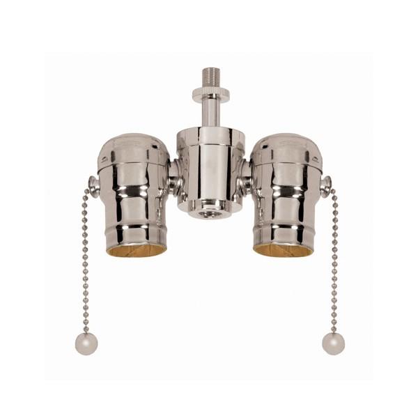 Medium Base Solid Brass Cluster Body; Polished Nickel Finish; 1/8 IP Nipple And Locknut Top; 1/4 IP