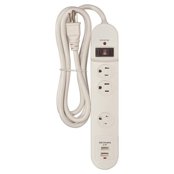 3 Outlet Surge Strip; 6 Foot 14/3 SJT With Straight Plug; 450 Joules; 15A-120V; 1800W