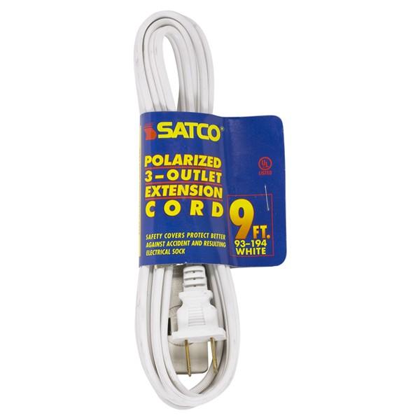 9 Foot Extension Cord; White Finish; 16/2 SPT-2; Indoor Only; 13A-125V-1625W Rating