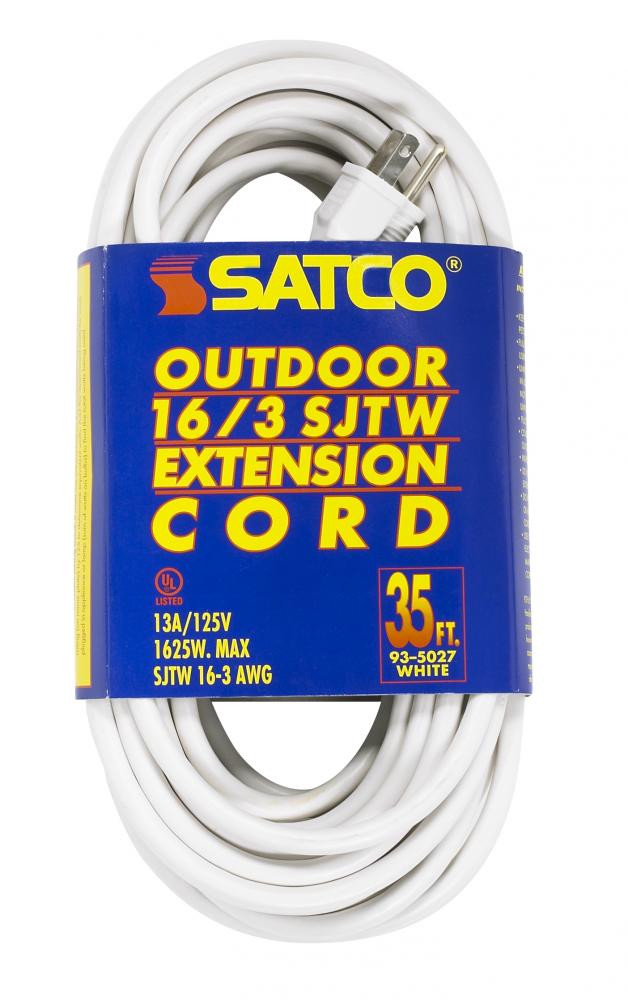 35 Foot White Heavy Duty Outdoor Extension Cord; 16/3 Ga. SJTW-3 White Cord With Sleeve; 13A-125V;