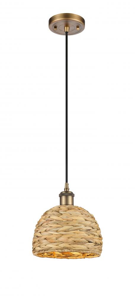 Woven Rattan - 1 Light - 8 inch - Brushed Brass - Mini Pendant