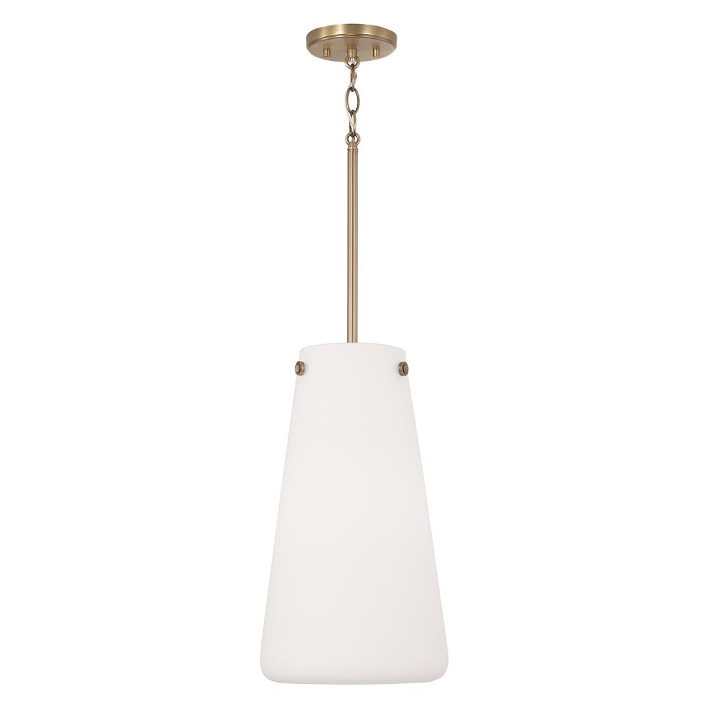 1-Light Pendant in Aged Brass with Tapered Soft White Glass