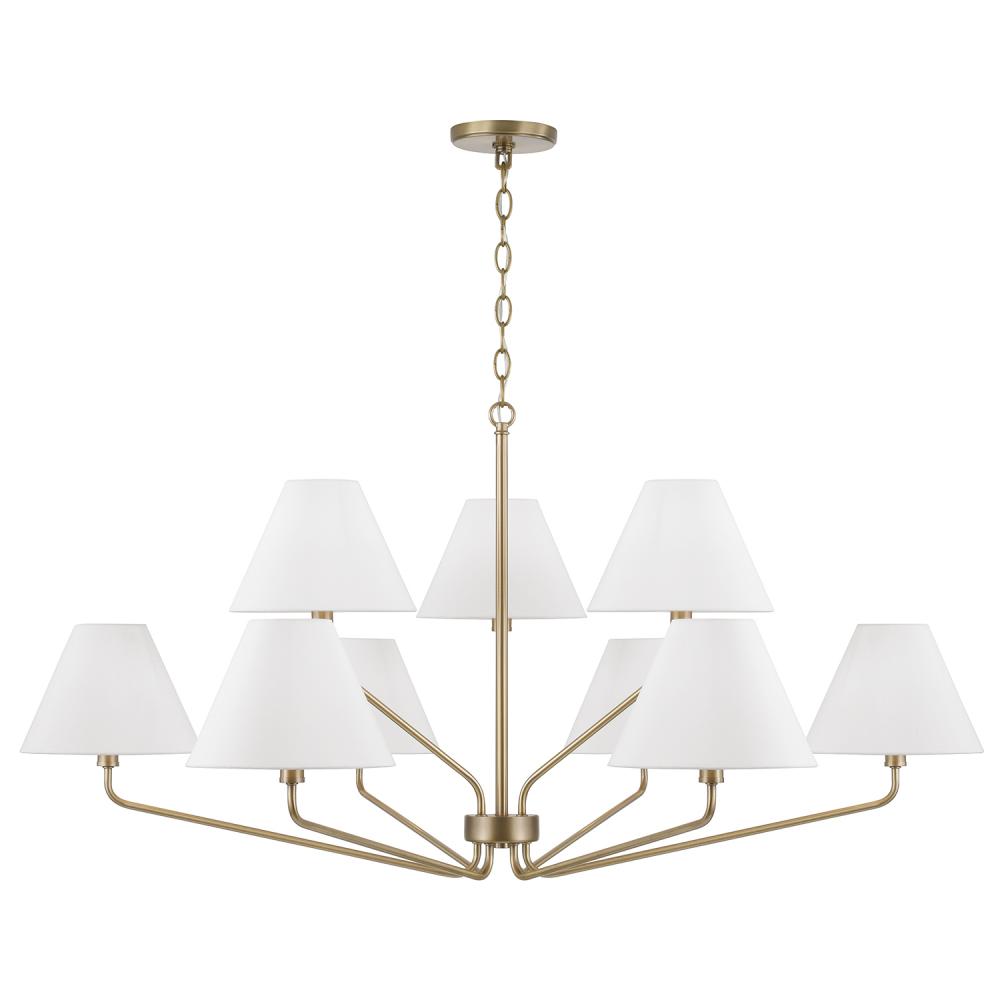 9-Light Angular Two-Tier Chandelier in Aged Brass with Tapered White Fabric Shades