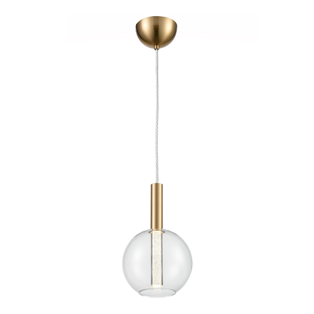 LED 7" Clear Globe Glass Seeded Acrylic, Golden Brass Mini Pendant