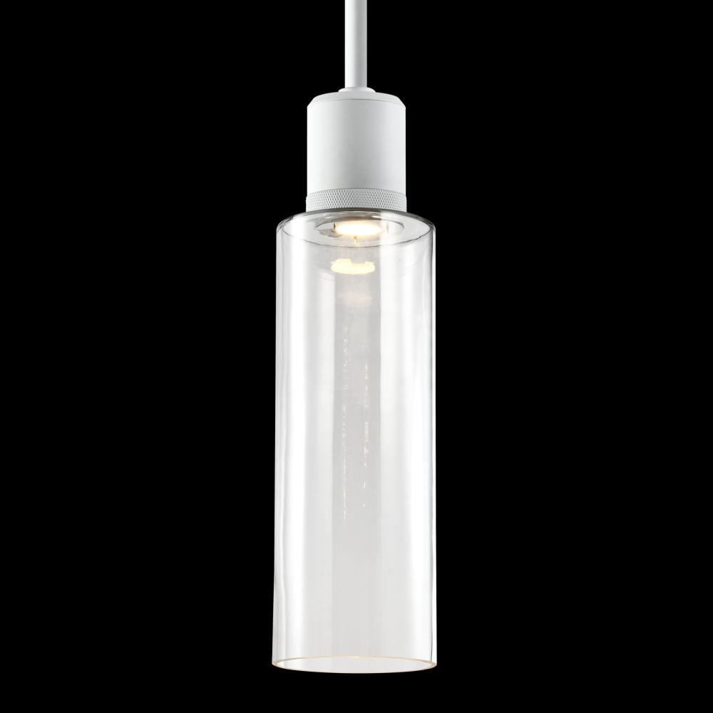 6" LED 3CCT Cylindrical Drum Pendant Light, 18" Clear Glass and Matte White Metal Finish