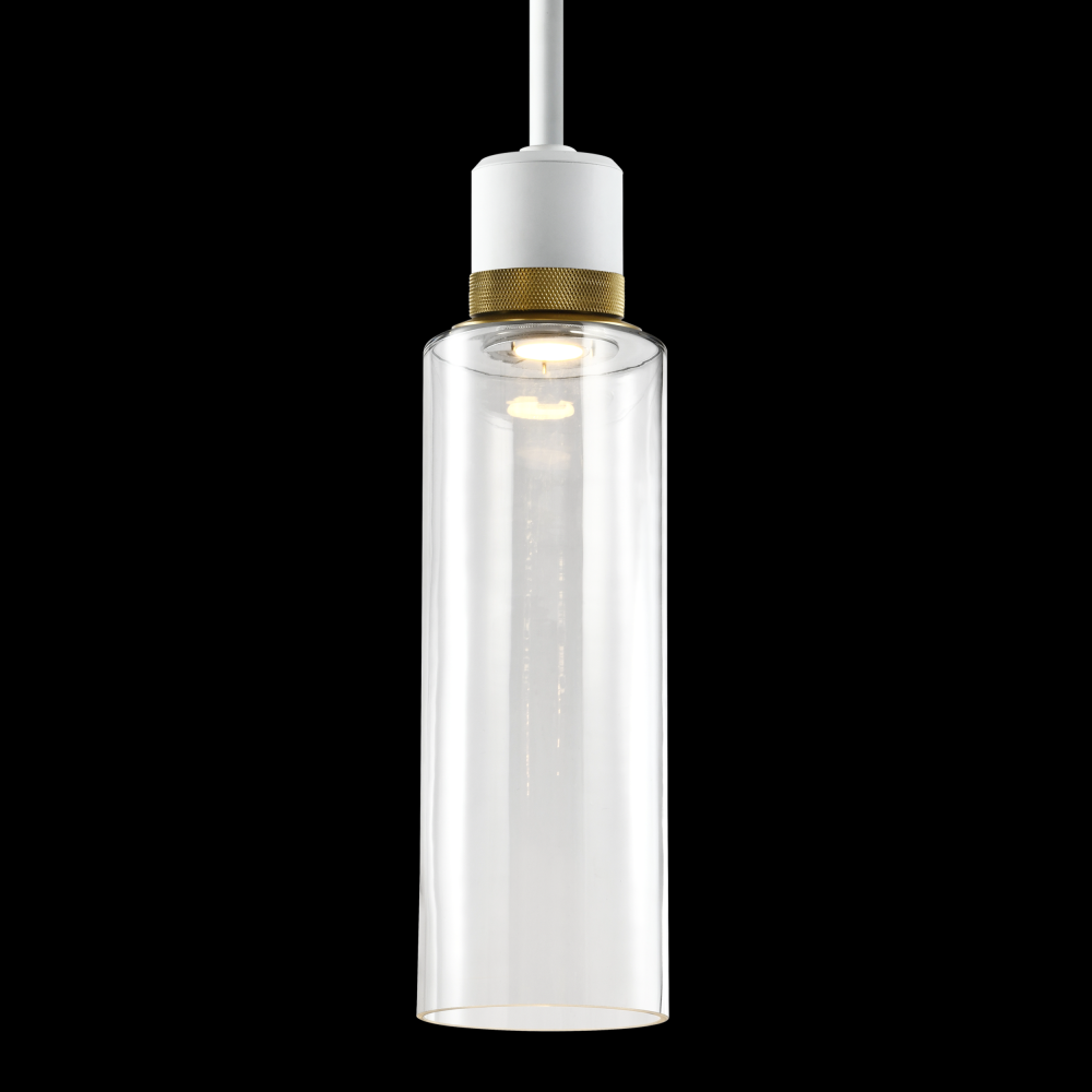 6" LED 3CCT Cylindrical Drum Pendant Light, 18" Clear Glass and Matte White with Brass Metal