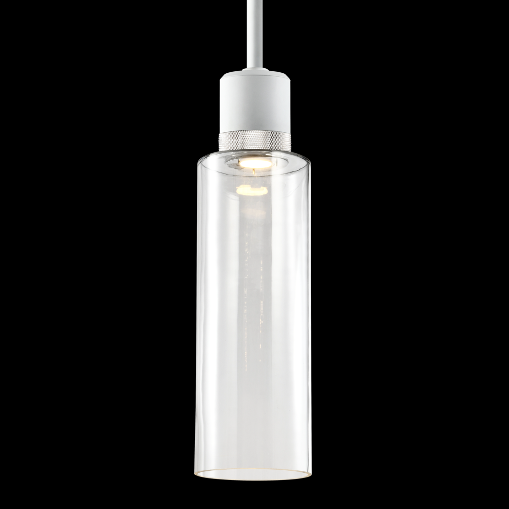 6" LED 3CCT Cylindrical Drum Pendant Light, 18" Clear Glass and Matte White with Nickel Meta