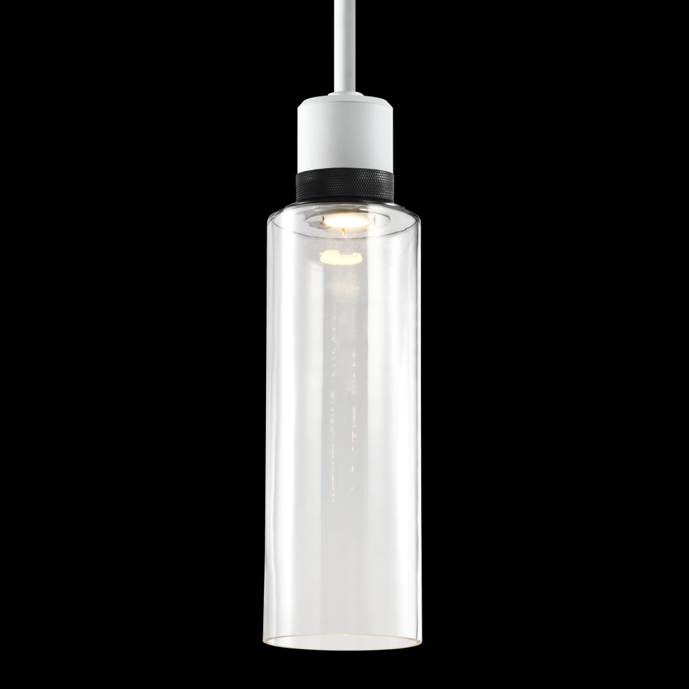 6" LED 3CCT Cylindrical Drum Pendant Light, 18" Clear Glass and Matte White with Black Metal