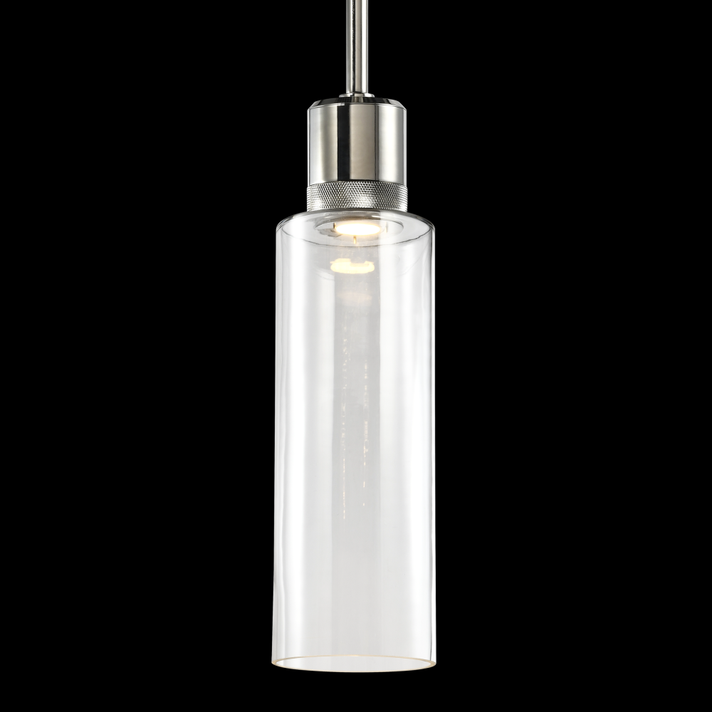 6" LED 3CCT Cylindrical Drum Pendant Light, 18" Clear Glass and Polished Nickel Metal Finish