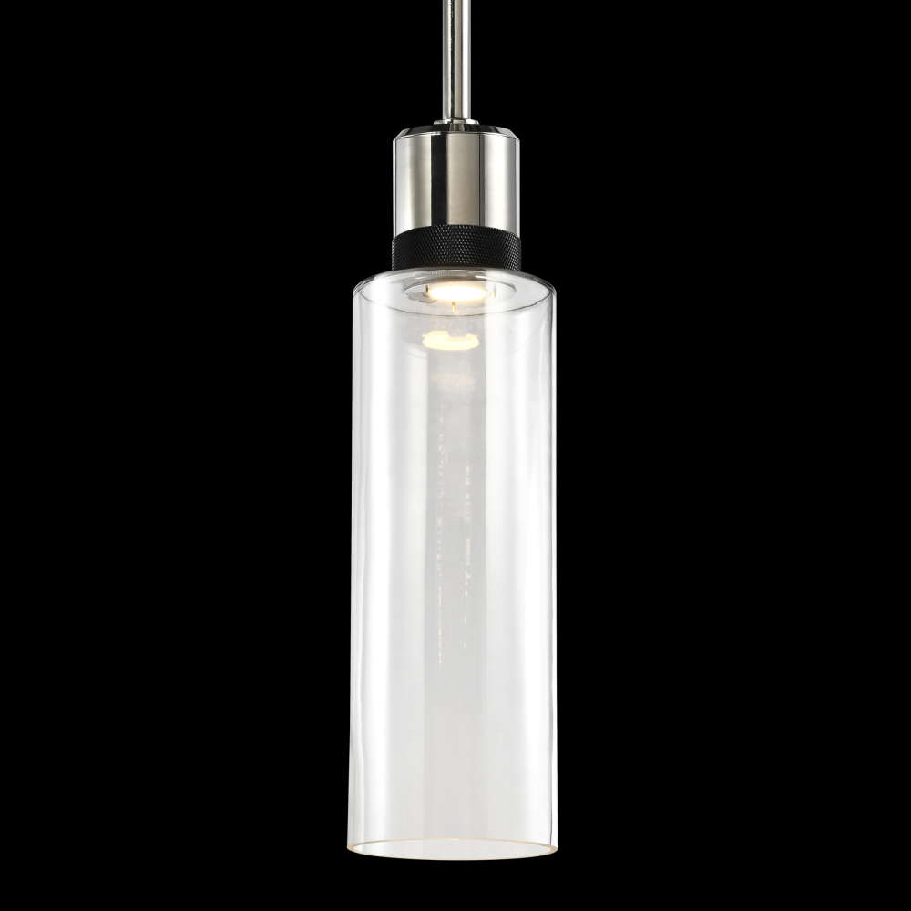 6" LED 3CCT Cylindrical Drum Pendant Light, 18" Clear Glass and Polished Nickel with Black M