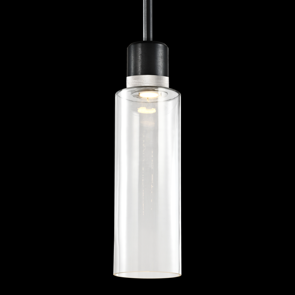 6" LED 3CCT Cylindrical Drum Pendant Light, 18" Clear Glass and Satin Brushed Black with Nic