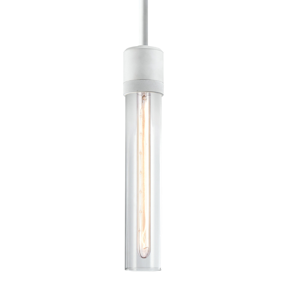 3" E26 Cylindrical Pendant Light, 12" Clear Glass and Matte White Finish