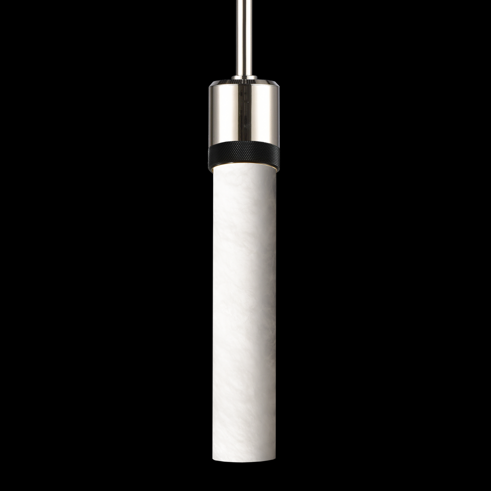 3" E26 Cylindrical Pendant Light, 12" Spanish Alabaster and Polished Nickel with Black Finis