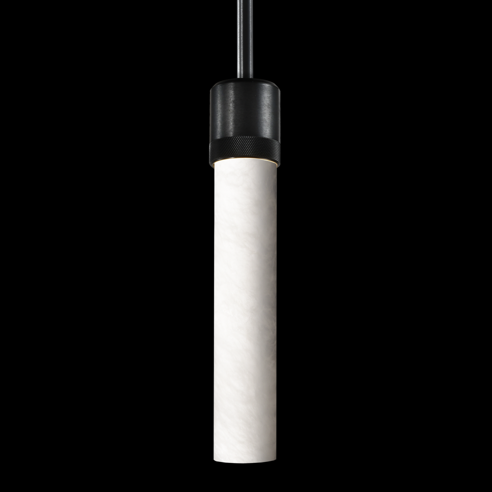 3" E26 Cylindrical Pendant Light, 12" Spanish Alabaster and Satin Brushed Black Finish