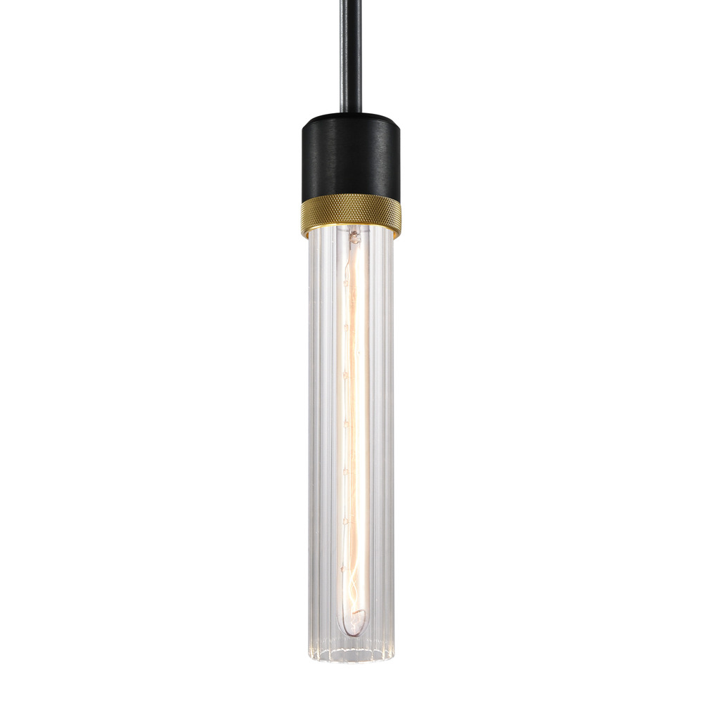 3" E26 Cylindrical Pendant Light, 12" Fluted Glass and Satin Brushed Black with Brass Finish