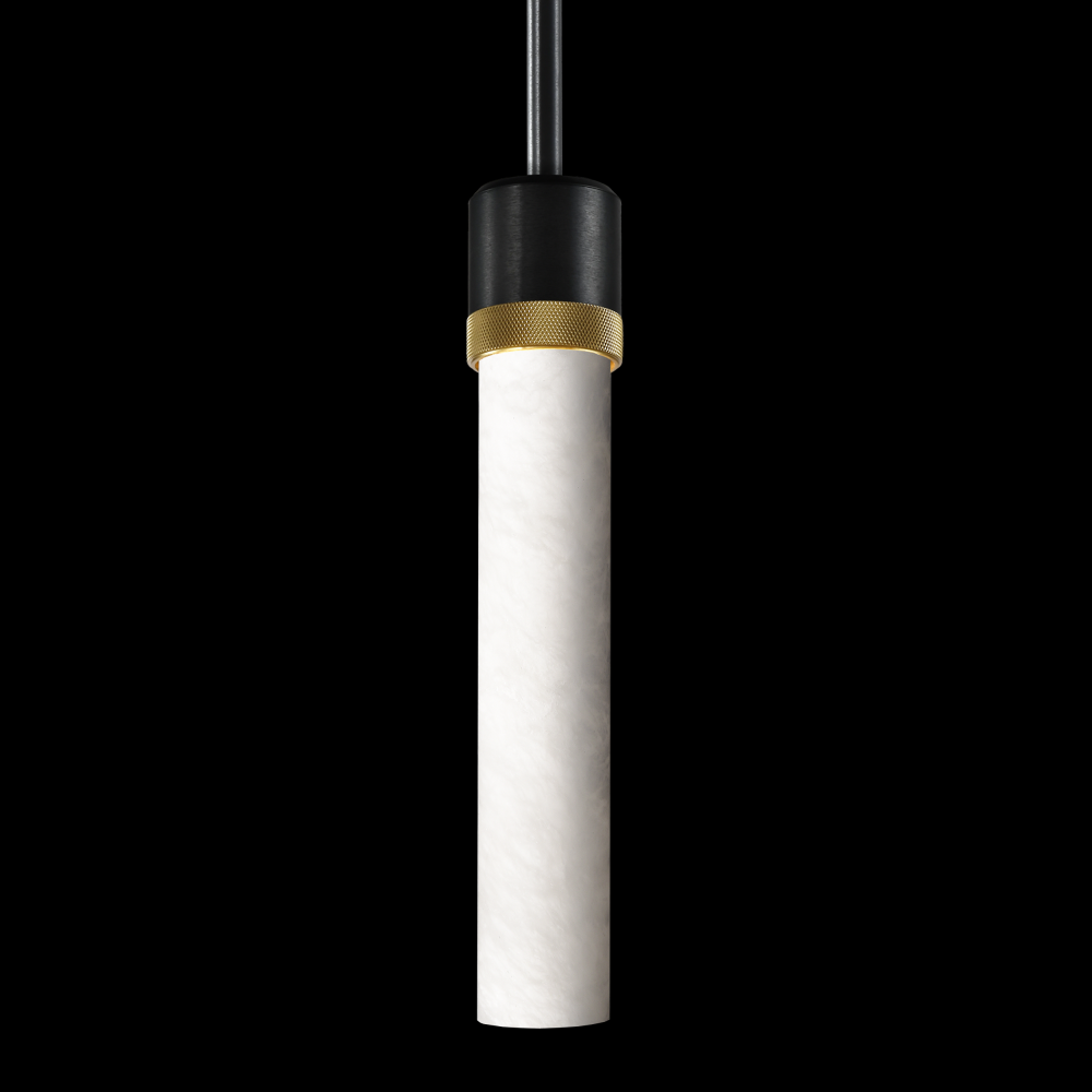 3" E26 Cylindrical Pendant Light, 12" Spanish Alabaster and Satin Brushed Black with Brass F