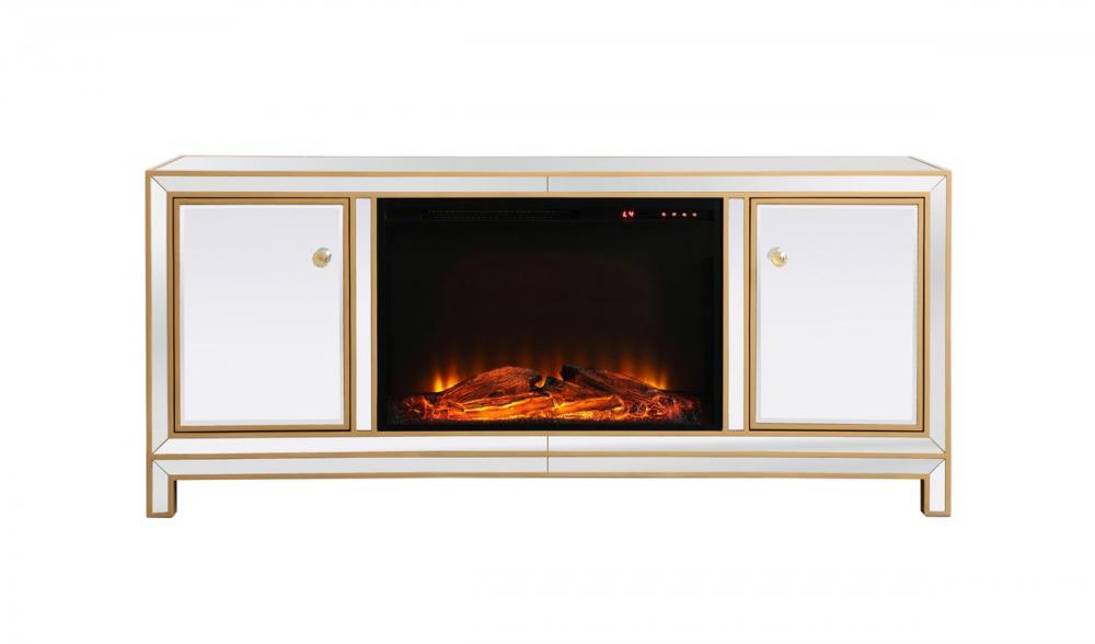 Reflexion 60 In. Mirrored Tv Stand with Wood Fireplace in Gold