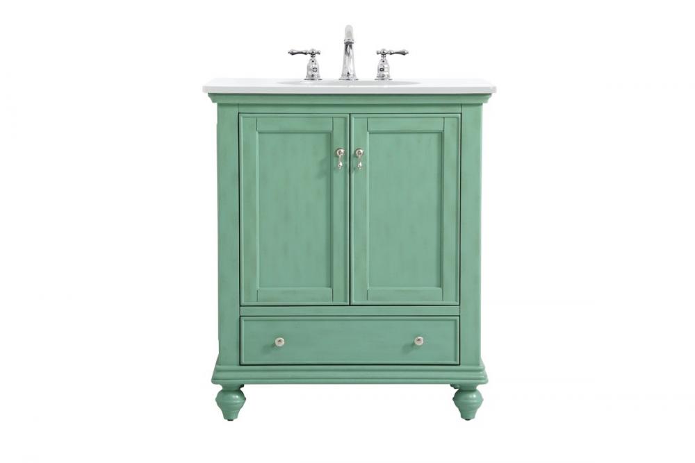 30 Inch Single Bathroom Vanity in Vintage Mint with Ivory White Engineered Marble