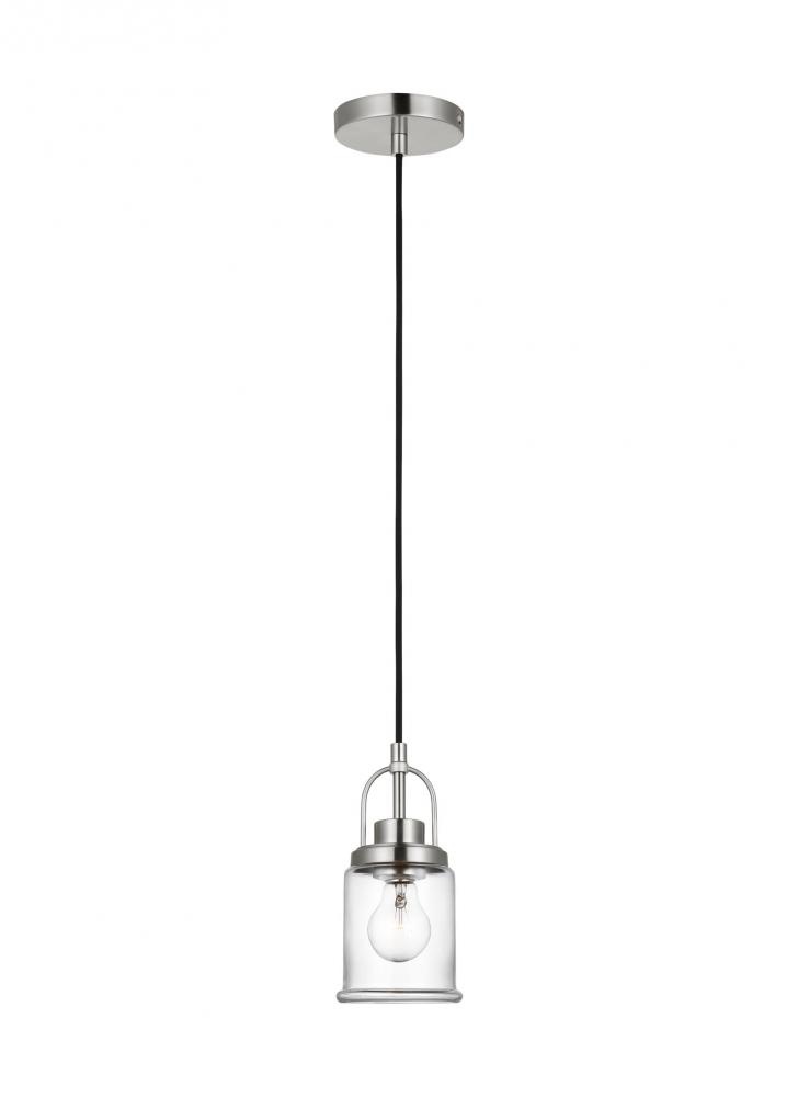 Anders industrial 1-light indoor dimmable mini pendant in brushed nickel finish with clear glass sh