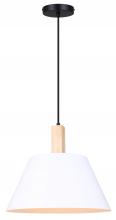 Canarm IPL1124A01BWW - Harlyn 60 W 1 Lt Matte Black, Matte White and Real Wood Modern Rustic Pendant with White Metal Shade