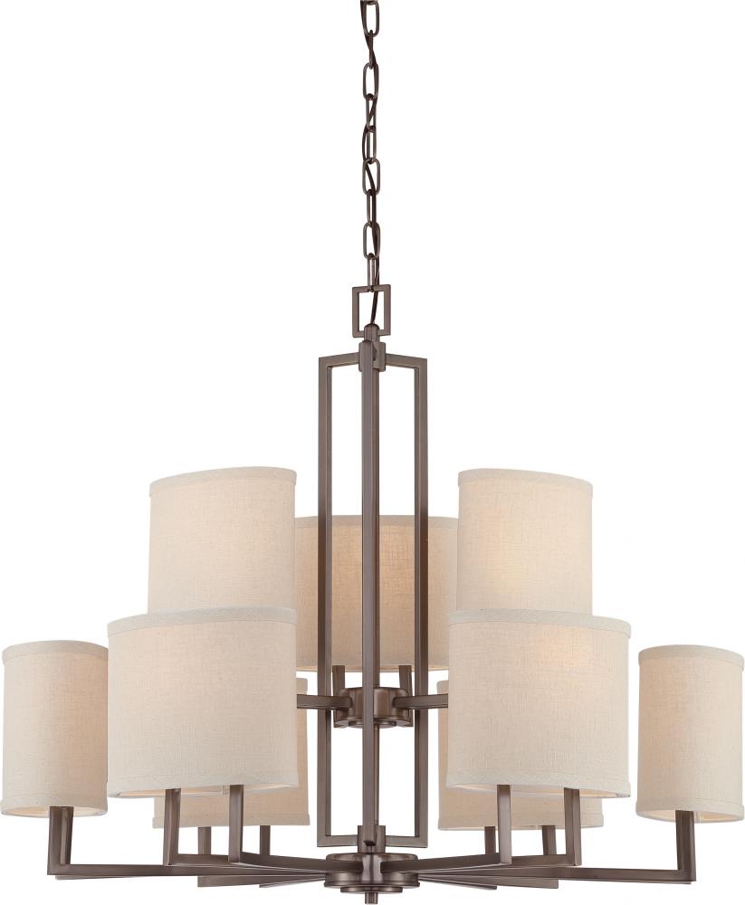 Gemini - 9 Light Chandelier with Khaki Fabric Shades - Hazel Bronze Finish