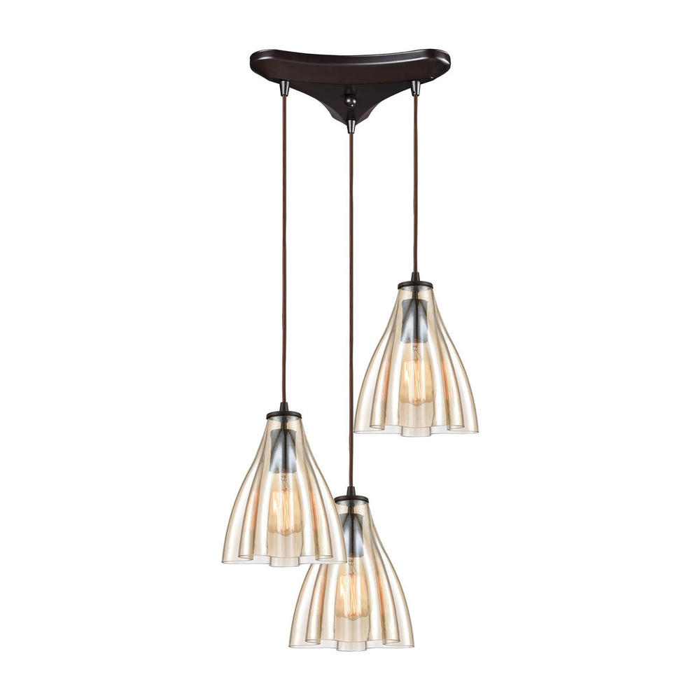 Matilda 3-Light Triangular Mini Pendant Fixture in Oil Rubbed Bronze with Amber Wavy Glass